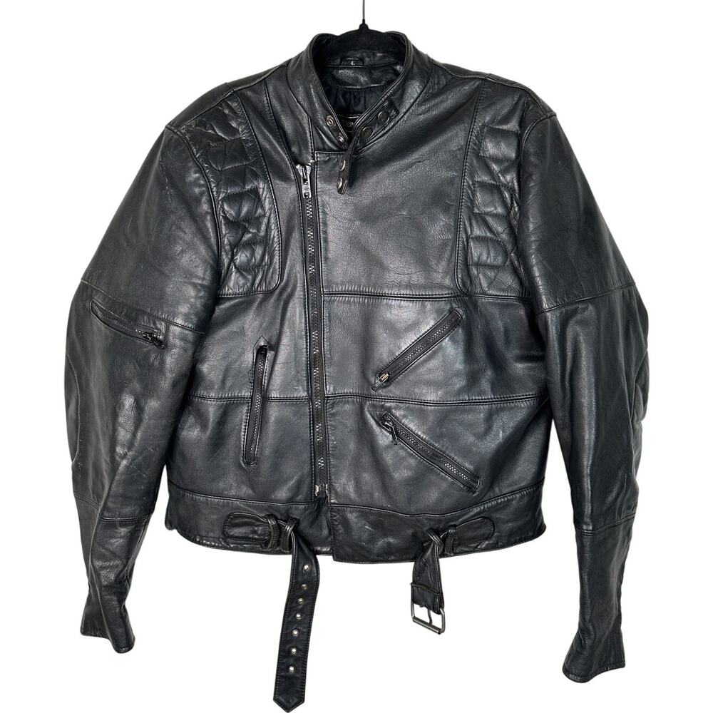 Vintage 90's Steinmark Men's L Wilson Heavy LEATHER Motorcycle Jacket Black 44
